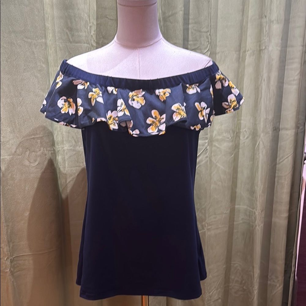 Anne Fontaine Blue Cream Ruffled Off-Shoulder Blouse, US6